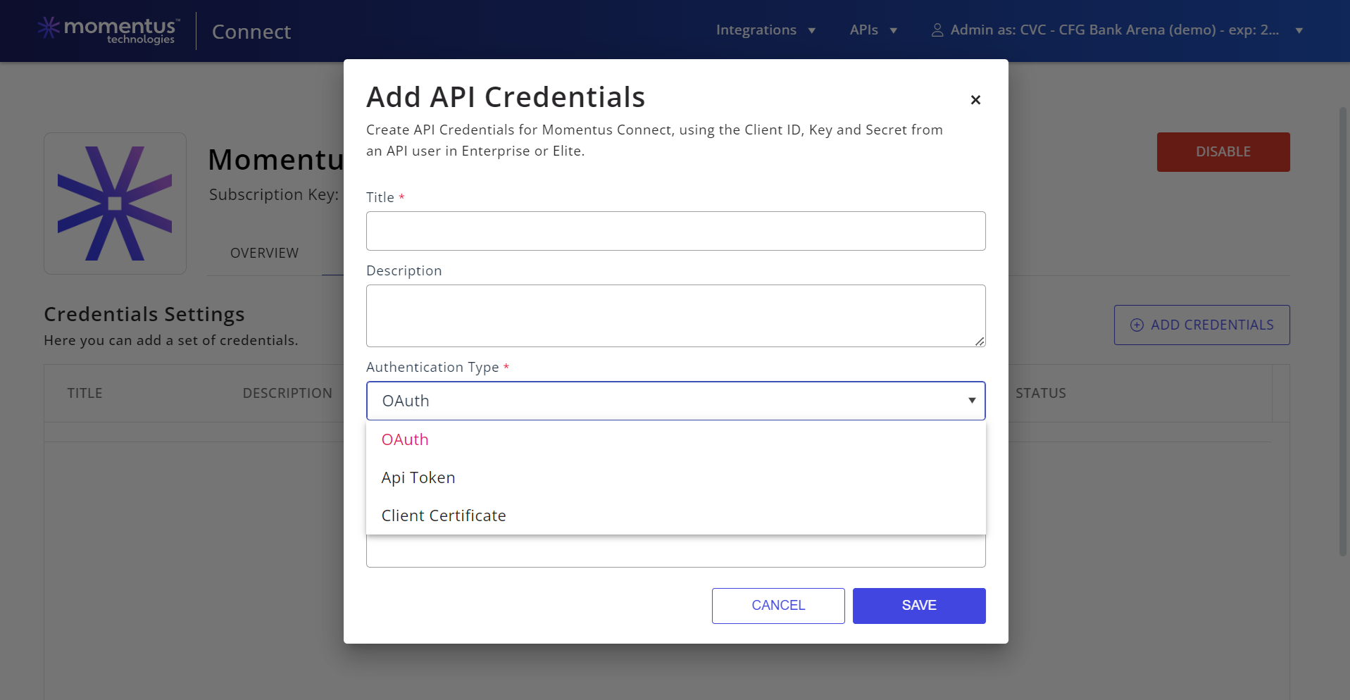 Add API Credentials from Elite